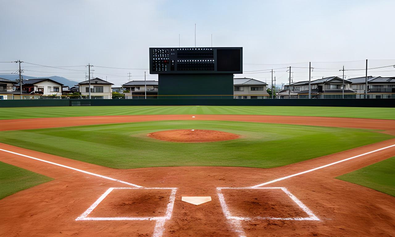兵庫県の高校野球場で、試合前の整備を終えた内野とスコアボードを望む風景