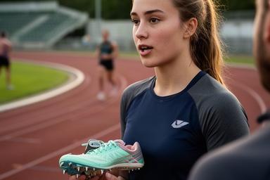 陸上競技場で練習後にスパイクを手に話す若手女性アスリート